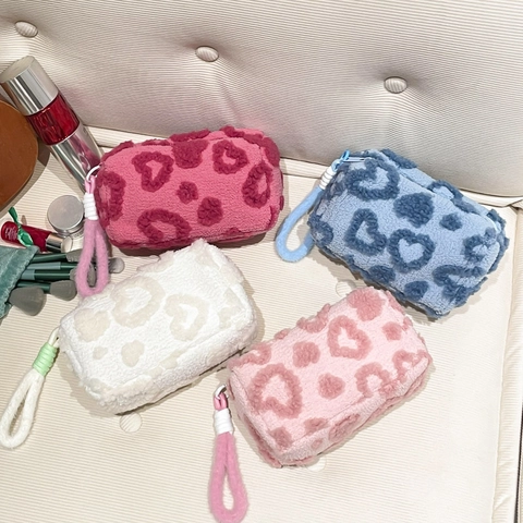 Damen Fashion Plüsch Kosmetiktasche Herz Leopardenmuster Weich Make-up Toiletry Organizer Handtasche Mit Handschlaufe Für Reisen
