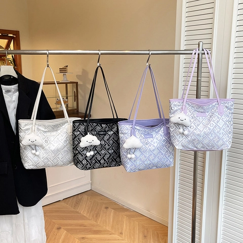 Grote Tote Bag Voor Dames Met Geometrisch Patroon Stoffen Schoudertas Voor School Met Wolken Pluche Hanger