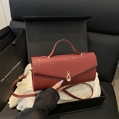 Women Fashion PU Leather Shoulder Bag Woven Texture Crossbody Handbag With Metal Musical Note Lock Daily Chic Square Bag
