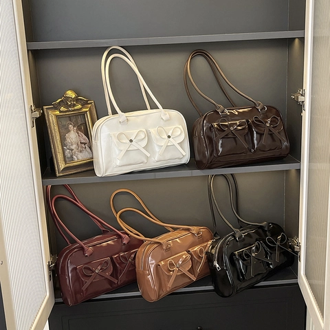 Borsa Baguette Da Donna In Pelle Sintetica Lucida Con Fiocco Retrò Dolce Tasche Anteriori Borsa A Tracolla