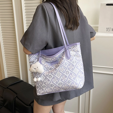 Grote Tote Bag Voor Dames Met Geometrisch Patroon Stoffen Schoudertas Voor School Met Wolken Pluche Hanger