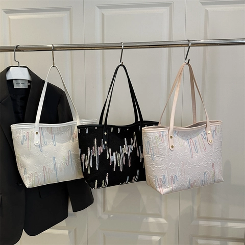 Summer New Fashion Large Capacity Tote Bag For Women Stylish Colorful Wave Embroidery Jacquard Shoulder Bag Daily Commuting Handbag