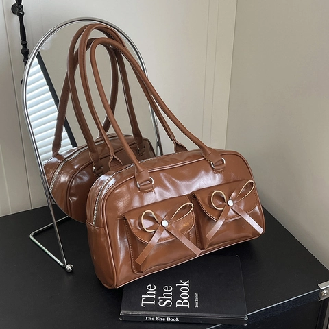 Women Glossy PU Leather Underarm Shoulder Bag With Double Bow Pockets Retro Balletcore Style Solid Color Versatile