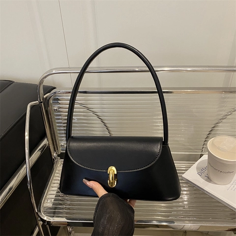 Vintage PU Leather Underarm Baguette Bag With Gold Metal Clasp Minimalist Solid Color Fashion Handbag For Women