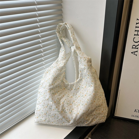 Sac Fourre-tout en Toile Florale en Dentelle Style Coréen pour Femmes Grande Capacité Broderie Sac à Épaule Quotidien