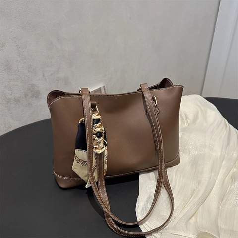 Women PU Leather Tote Bag With Satin Scarf Contrast Stitching Large Capacity Shoulder Bag For Daily Commute Urban Simple Style