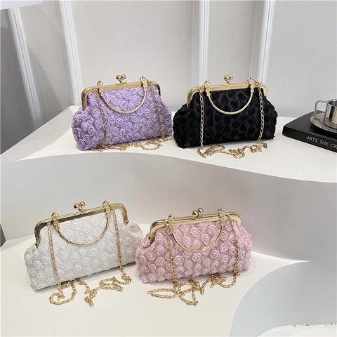 Women's Elegant 3D Rose Floral Evening Clutch Bag Vintage Nylon Handbag With Metal Handle Metal Kiss Lock Shoulder Bag With Chain Purse