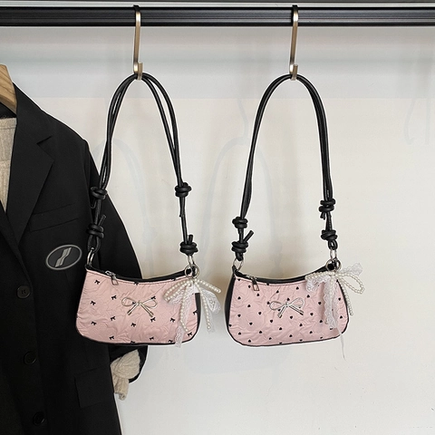 Sac Hobo Rose Plissé Sous L'Aisselle Imprimé Cœur Nœud Sac À Main Épaule Doux Pour Femmes Style Rétro Tissu