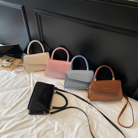 Women Small Square Shoulder Crossbody Bag PU Leather Woven Stitching Texture Trendy Handbag With Circular Handle Gold Hardware