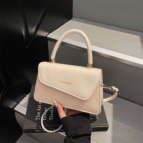Women Small Square Shoulder Crossbody Bag PU Leather Woven Stitching Texture Trendy Handbag With Circular Handle Gold Hardware