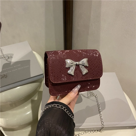Mini Borsa Tracolla Motivo Serpente Pelle PU Con Fibbia Fiocco Metallico Tracolla Catena Argentata Borsa Spalla Moda Per Donne