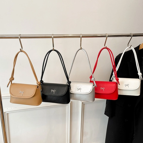 Women Shoulder Bag PU Leather Metal Bowknot Small Square Crossbody Bag Knotted Strap Flap Trendy Daily Purse For Ladies