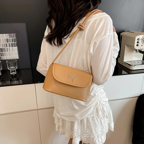 Women Shoulder Bag PU Leather Metal Bowknot Small Square Crossbody Bag Knotted Strap Flap Trendy Daily Purse For Ladies