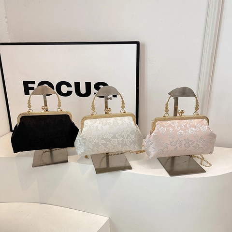 Vintage Abendtasche Mit Blumenmuster Jacquard Kussverschluss Clutch Mit Goldmetallgriff Und Langer Kette Elegante Retro Handtasche