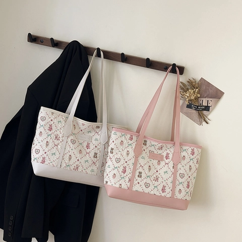 Kawaii Cartoon Bedruckte Einkaufstasche Große Kapazität Polyester PU Leder Patchwork Schultertasche Für Frauen Studenten Süß