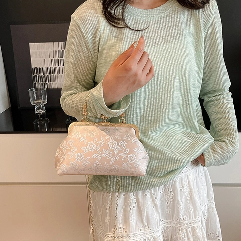 Vintage Abendtasche Mit Blumenmuster Jacquard Kussverschluss Clutch Mit Goldmetallgriff Und Langer Kette Elegante Retro Handtasche