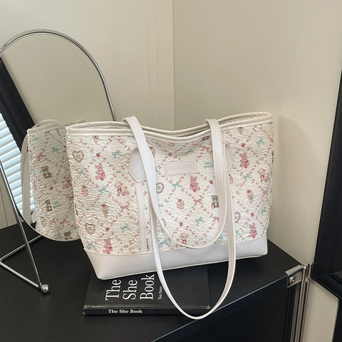 Kawaii Cartoon Bedruckte Einkaufstasche Große Kapazität Polyester PU Leder Patchwork Schultertasche Für Frauen Studenten Süß