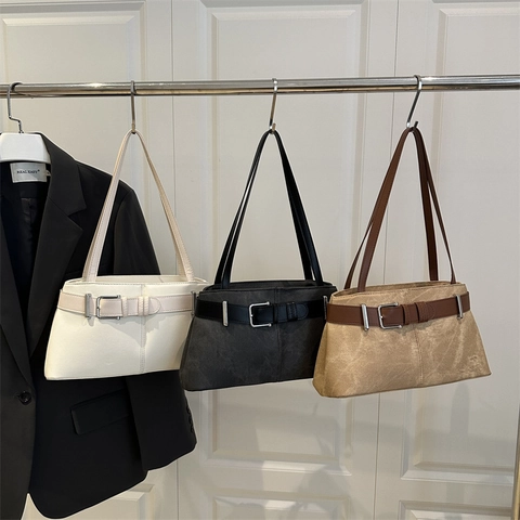 Vintage Damen Große Kapazität Schultertasche Retro Achseltasche Leinwand Kunstleder Mix Schnalle Dekor Pendler Handtasche