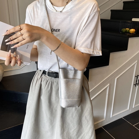 Minimalist Women PU Leather Crossbody Bag Small Vertical Square Bag With Lychee Texture And Front External Pocket