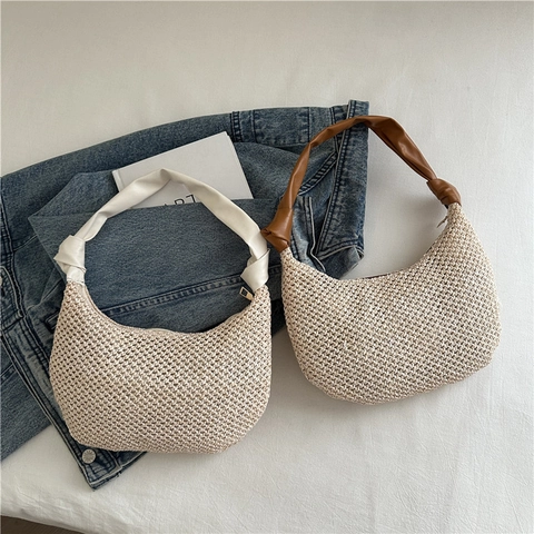 Borsa A Tracolla Hobo In Paglia Intrecciata Forma A Mezza Luna Con Tracolla In Pelle PU Con Nodo Borsa Da Spiaggia Casual Per Donna