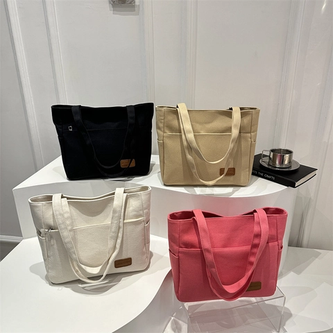 Dames Grote Capaciteit Canvas Tote Tas Minimalistisch Casual Schoudertas Met Voorvak Ritssluiting Woon-werkverkeer Handtas