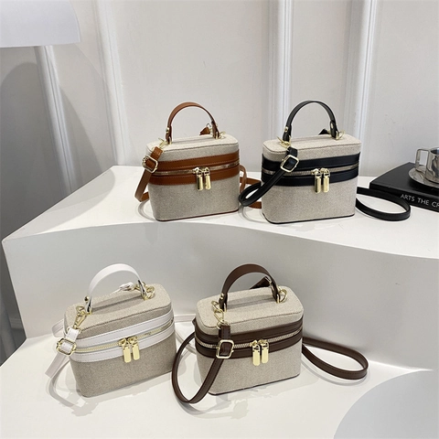 Borsa A Mano Scatola In Tela E Pelle Sintetica Retro Doppia Cerniera Borsa A Tracolla Stile Coreano Moda Donna Piccola Borsa