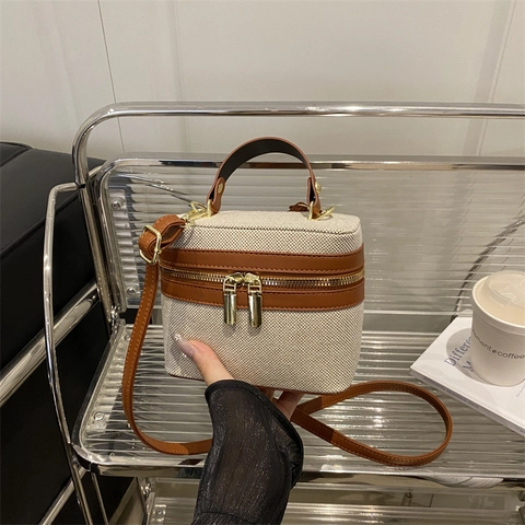 Borsa A Mano Scatola In Tela E Pelle Sintetica Retro Doppia Cerniera Borsa A Tracolla Stile Coreano Moda Donna Piccola Borsa