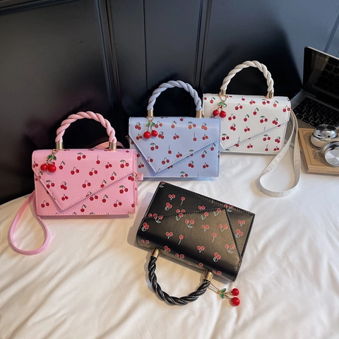 Bolso Cuadrado Pequeño De Cuero PU Con Estampado De Cerezas Bolso Sobre Con Asa Tejida Colgante De Cereza Bandolera