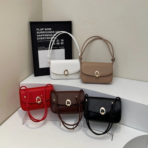 Women Underarm Shoulder Bag Vintage PU Leather Flap Gold Horseshoe Buckle Knot Strap Small Square Trendy