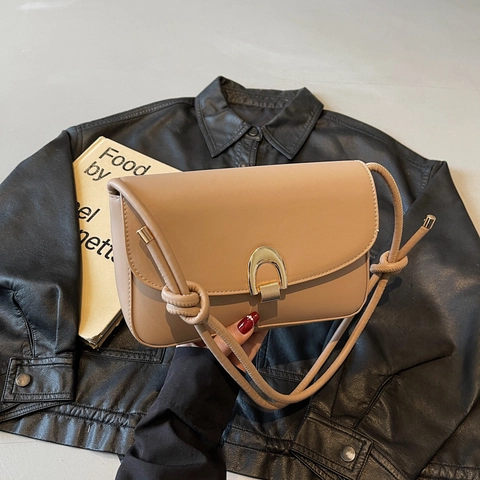 Women Underarm Shoulder Bag Vintage PU Leather Flap Gold Horseshoe Buckle Knot Strap Small Square Trendy