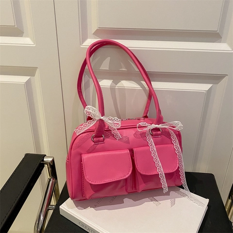 Sac À Épaule Sous Le Bras Pour Femmes Cuir PU Style Balletcore Doux Sac À Main Avec Noeuds En Dentelle Et Doubles Poches