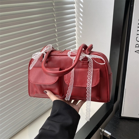 Women Retro PU Leather Underarm Bag Sweet Lace Bow Solid Color Shoulder Bag With Double Front Pockets Chic Daily Commute Tote