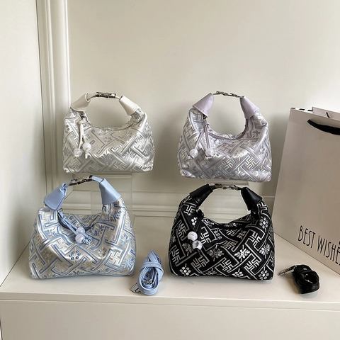 Bolso De Hombro De Media Luna De Jacquard Para Mujer Patrón Tradicional Bordado Bolso Hobo Correa Ajustable Decoración De Perlas Artificiales