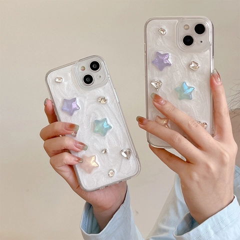 Phone Case Shimmer Artificial Pearl Resin 3D Colorful Star Rhinestone Shockproof Protective Cover For Women Girls