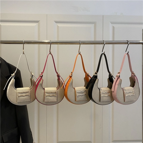 Borsa Hobo Mezzaluna Donna Tela Intrecciata Patchwork Pelle PU Borsa Sottobraccio Spalla Trendy Retro Colore Contrasto