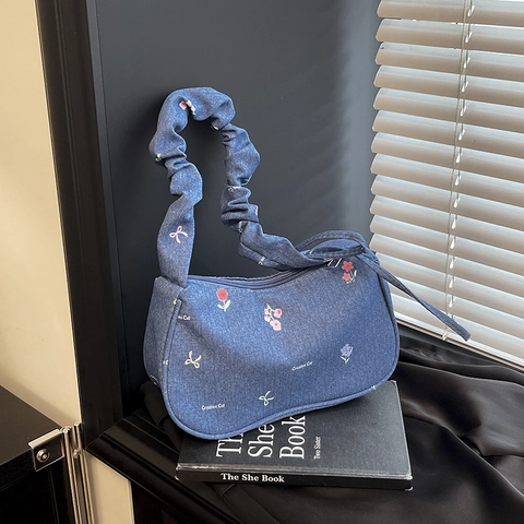 Dames Denim Okseltas Bloemengeborduurde Strik Decor Scrunchie Schouderriem Zoete Casual Handtas