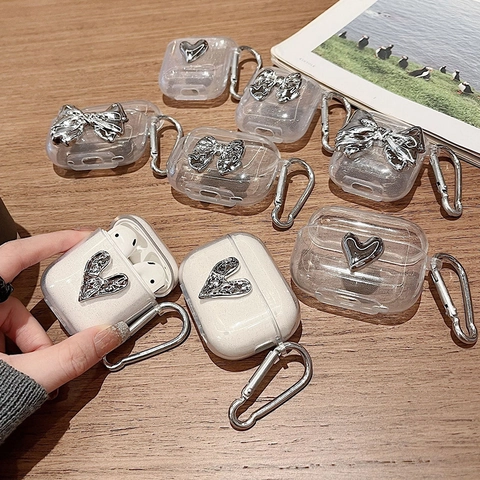 Funda De Auriculares Transparente Con Purpurina Para AirPods Pro 4 3 2 Con Corazón Lazo 3D Plata Mosquetón Metal Carcasa TPU