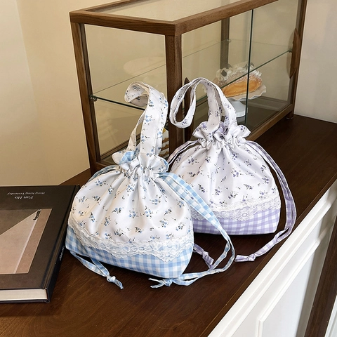 Femme Sac Seau Cordon Patchwork Fleuri À Carreaux Dentelle Tissu Sac À Main Bandoulière Style Coréen Esthétique Été