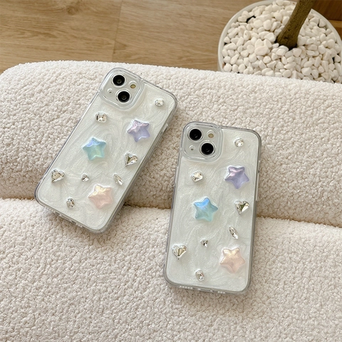 Phone Case Shimmer Artificial Pearl Resin 3D Colorful Star Rhinestone Shockproof Protective Cover For Women Girls