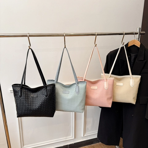 Woven Tote Bag PU Leather Large Capacity Shoulder Handbag For Women Minimalist Commuting Square Shape Solid Color
