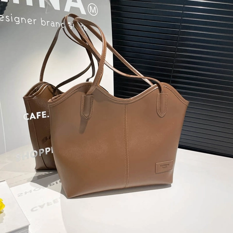 Large Capacity PU Leather Tote Bag Minimalist Commuter Shoulder Handbag Solid Color Elegant Retro Fashion For Women