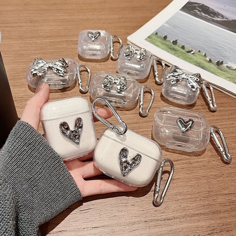 Funda De Auriculares Transparente Con Purpurina Para AirPods Pro 4 3 2 Con Corazón Lazo 3D Plata Mosquetón Metal Carcasa TPU