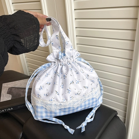 Femme Sac Seau Cordon Patchwork Fleuri À Carreaux Dentelle Tissu Sac À Main Bandoulière Style Coréen Esthétique Été