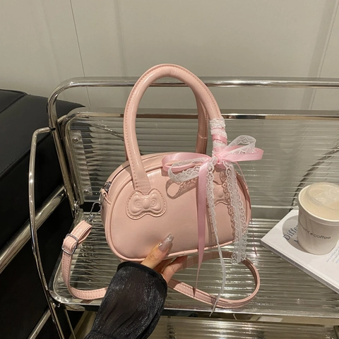 Vintage Bow Embossed PU Leather Bowling Bag For Women Sweet Lace Ribbon Handbag Crossbody Shoulder Bag Y2K Fashion Tote