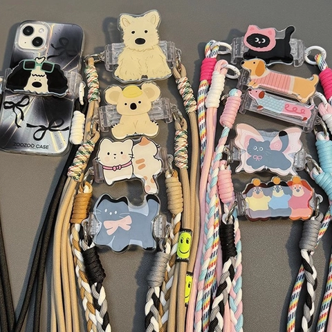 Crossbody Phone Lanyard Thick Braided Rope Adjustable Cartoon Animal Acrylic Clip Anti-Drop Strap For Women
