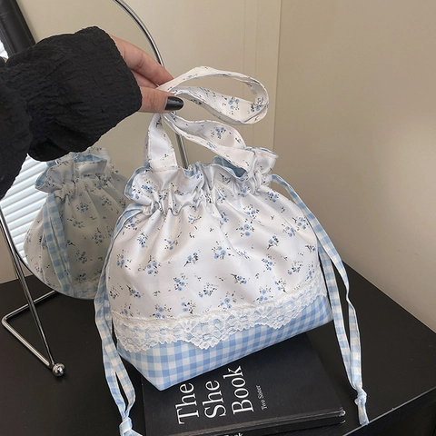 Verse Japanse Stijl Bloemen Gingham Patchwork Trekkoord Handtas Met Kantafwerking Nylon Kleine Bento Tas Voor Vrouwen