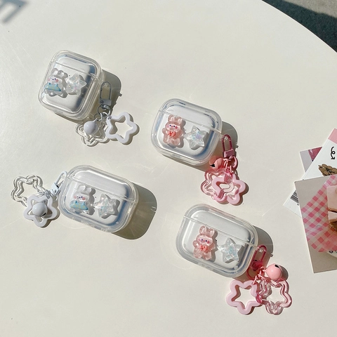 Süße Hasen Laser Stern Kopfhörer Hülle Für AirPods 4 Pro 2 3 1 Transparente TPU Abdeckung Mit Glitzer Anhänger