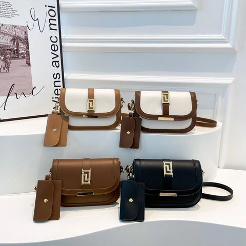Borsa A Tracolla Da Donna Pelle PU Retro Quadrata Messenger Con Mini Pochette Rimovibile Chiusura Geometrica Dorata