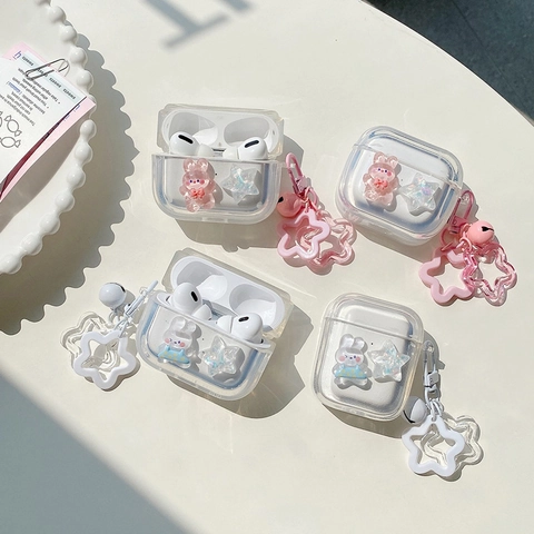 Süße Hasen Laser Stern Kopfhörer Hülle Für AirPods 4 Pro 2 3 1 Transparente TPU Abdeckung Mit Glitzer Anhänger