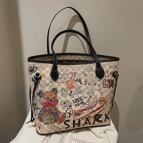 Borsa Tote Graffiti Da Donna Grande Capacità Borsa A Mano Pelle PU Tela Stampa Orso Squalo Lupo Stile Street Fashion